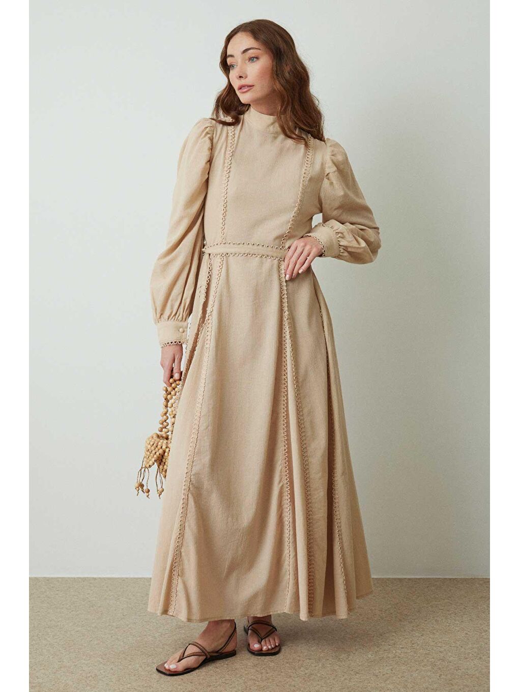 Kahverengi Kazabilanka Sütlü Kahve Keten Elbise