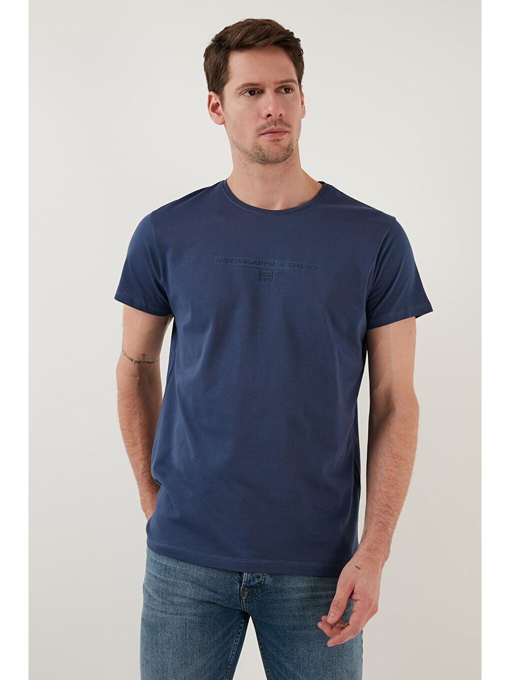 Lacivert Yazı Baskılı Bisiklet Yaka %100 Pamuk Slim Fit Basic Tişört 541TACTICAL-2