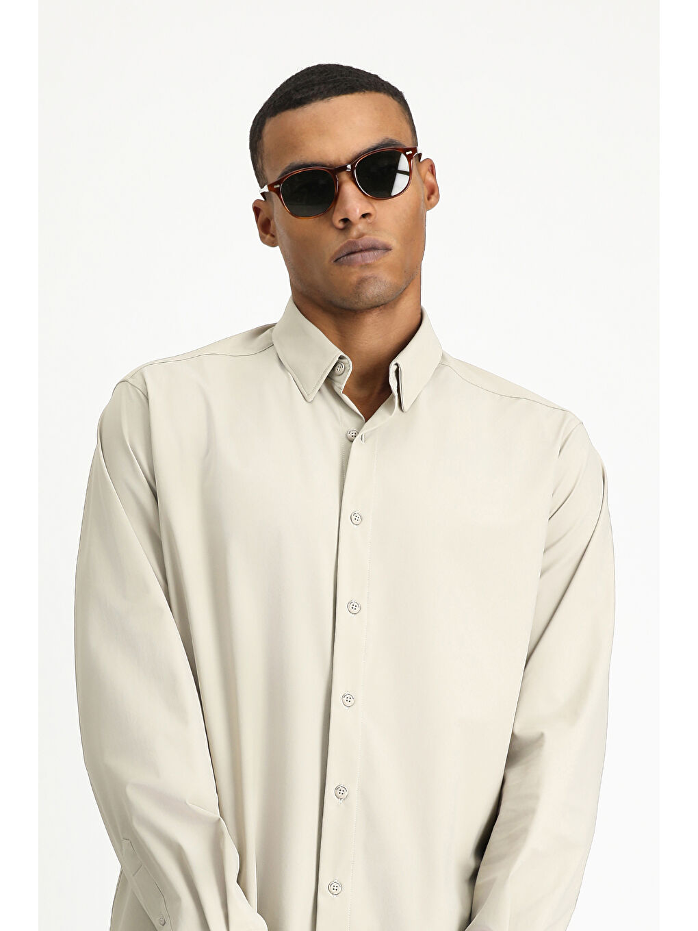 Bej Techno-Line Uzun Kol Regular Fit Elastanlı Gömlek-4