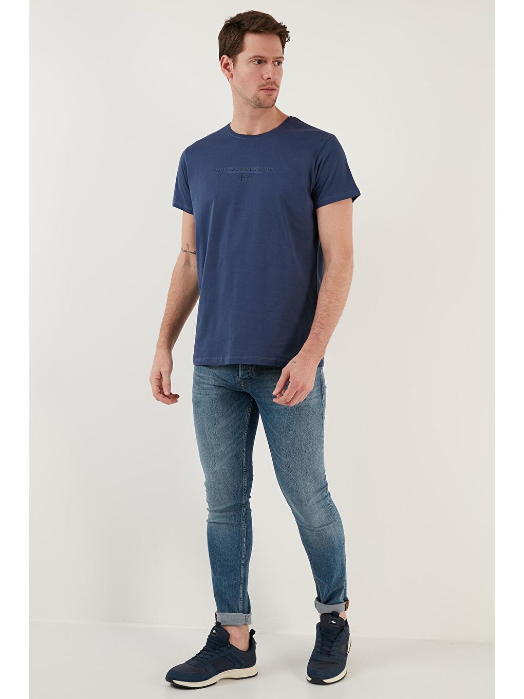 Lacivert Yazı Baskılı Bisiklet Yaka %100 Pamuk Slim Fit Basic Tişört 541TACTICAL-3