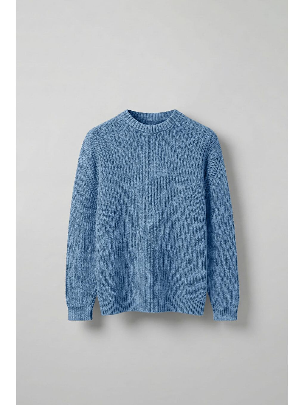 Erkek Oversize Yıkamalı Efektli Basic Kazak Mavi