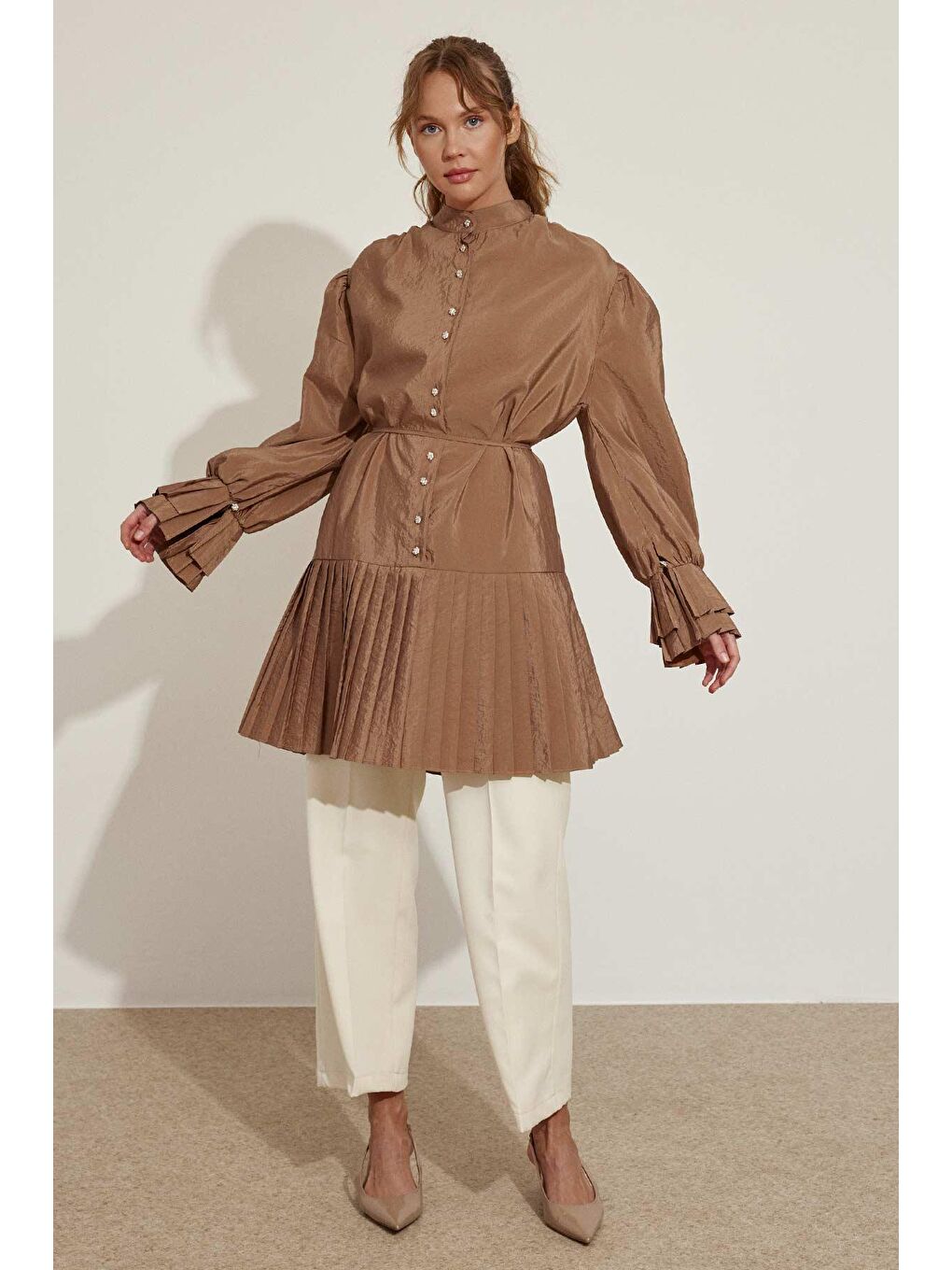 Kahverengi Pilise Detaylı Camel Gömlek-2