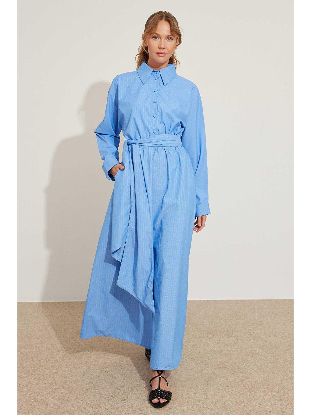 Kemer Detaylı Çizgili Mavi Poplin Elbise