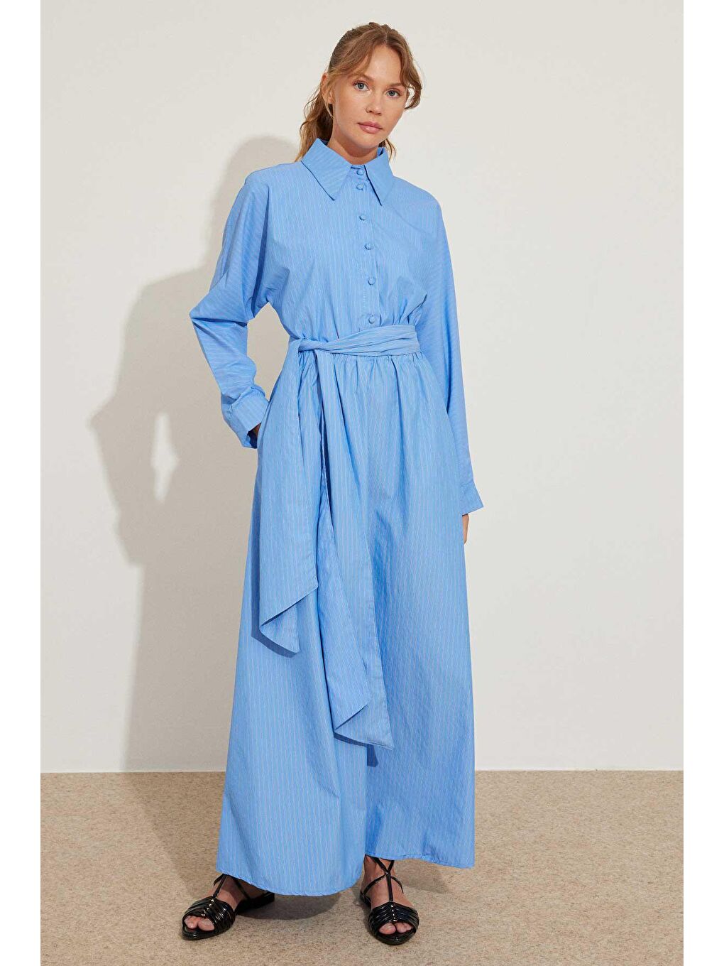 Kemer Detaylı Çizgili Mavi Poplin Elbise-1