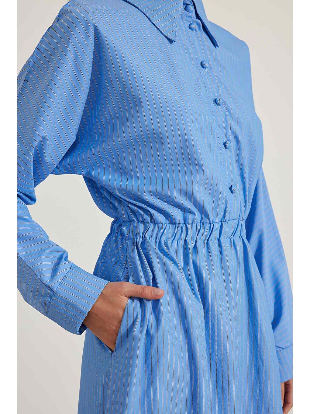 Kemer Detaylı Çizgili Mavi Poplin Elbise-2