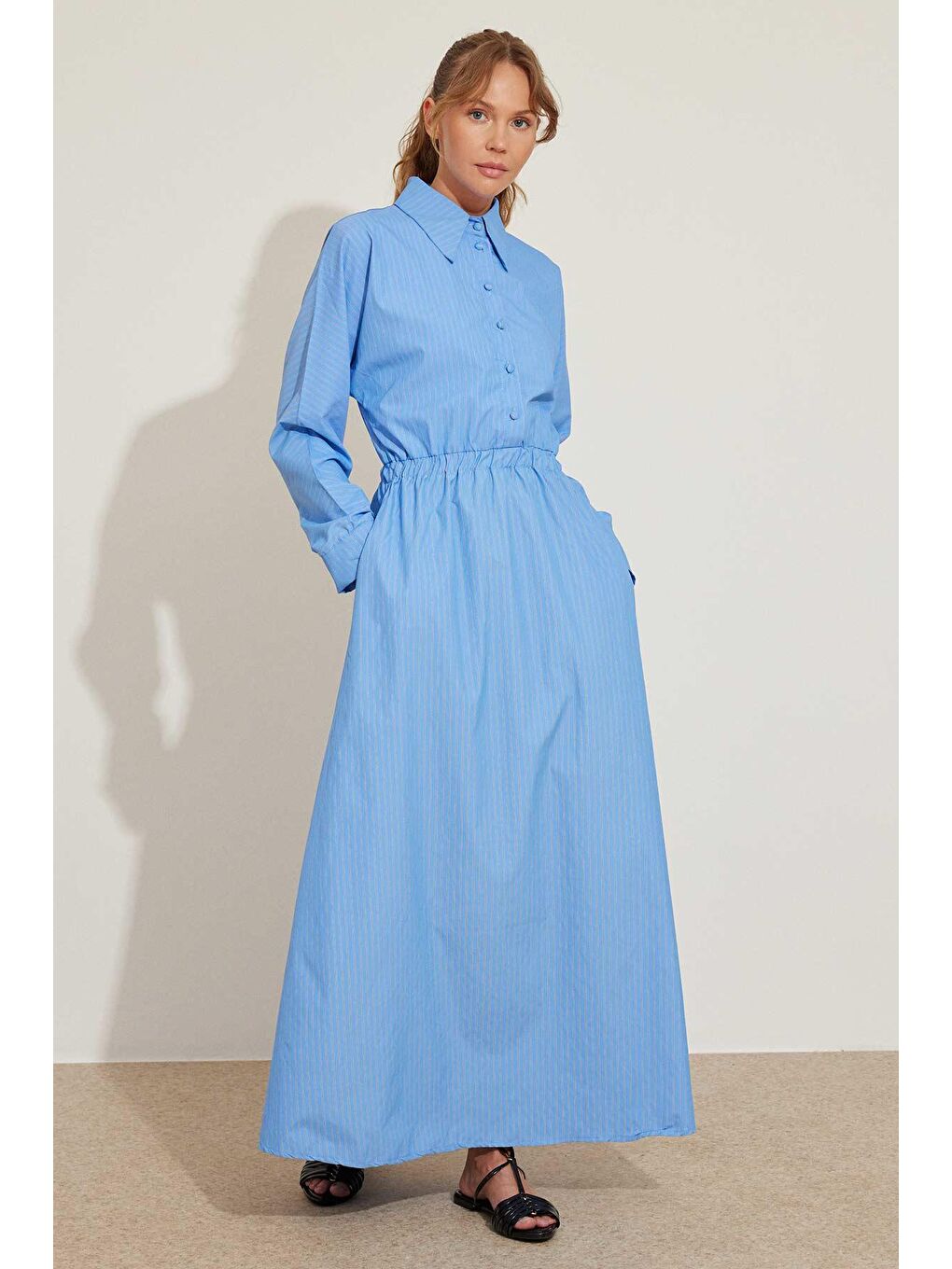 Kemer Detaylı Çizgili Mavi Poplin Elbise-3