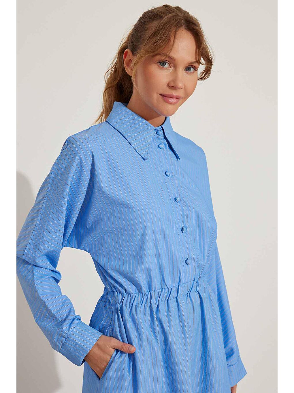 Kemer Detaylı Çizgili Mavi Poplin Elbise-4