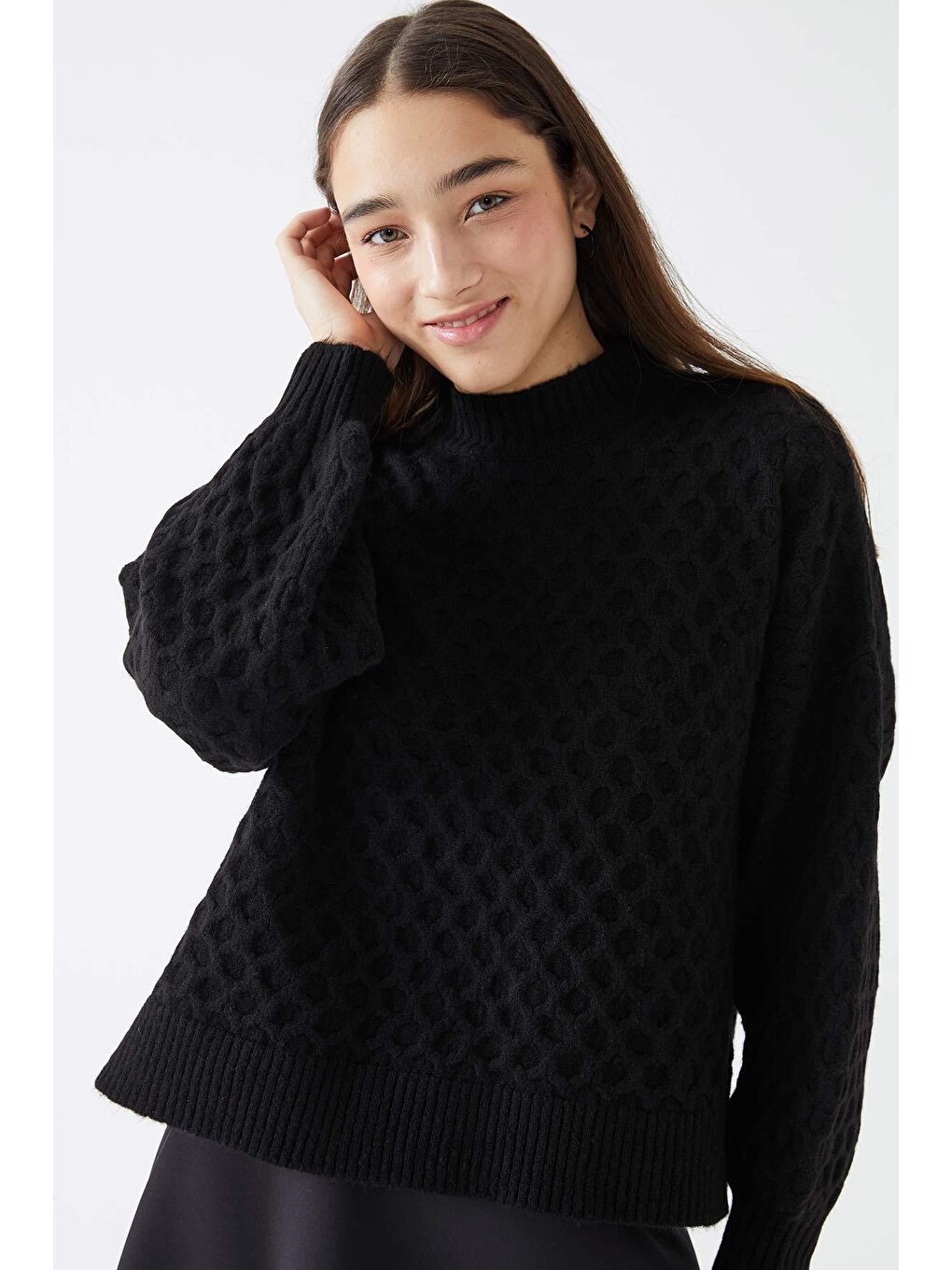 Petek Örgü Triko Kazak - Siyah