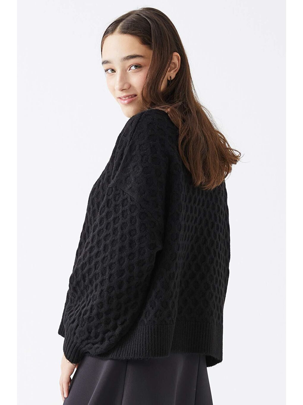 Petek Örgü Triko Kazak - Siyah-1