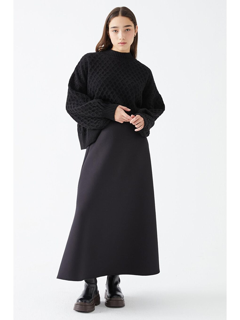 Petek Örgü Triko Kazak - Siyah-3