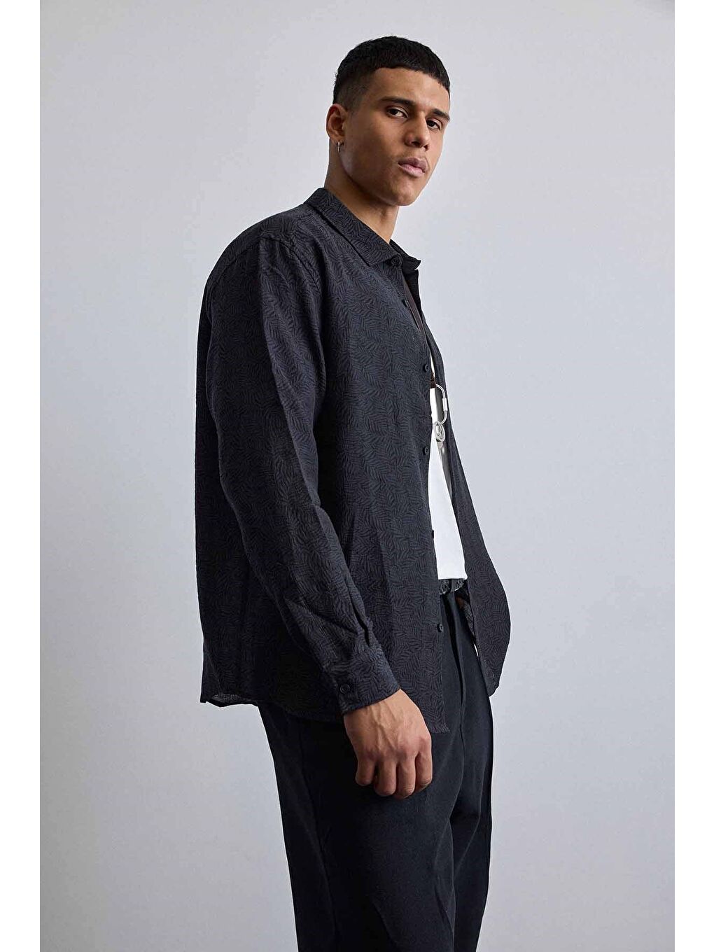 Erkek Oversize Jakarlı Desenli Uzun Kollu Gömlek Siyah-5