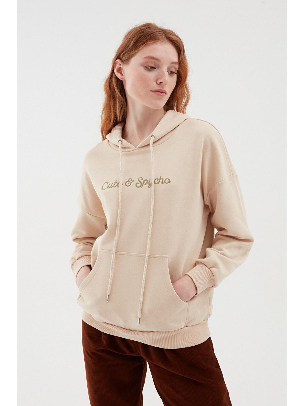 QUZU Bej Sırtı Baskılı Kapüşonlu Sweatshirt Bej - 1