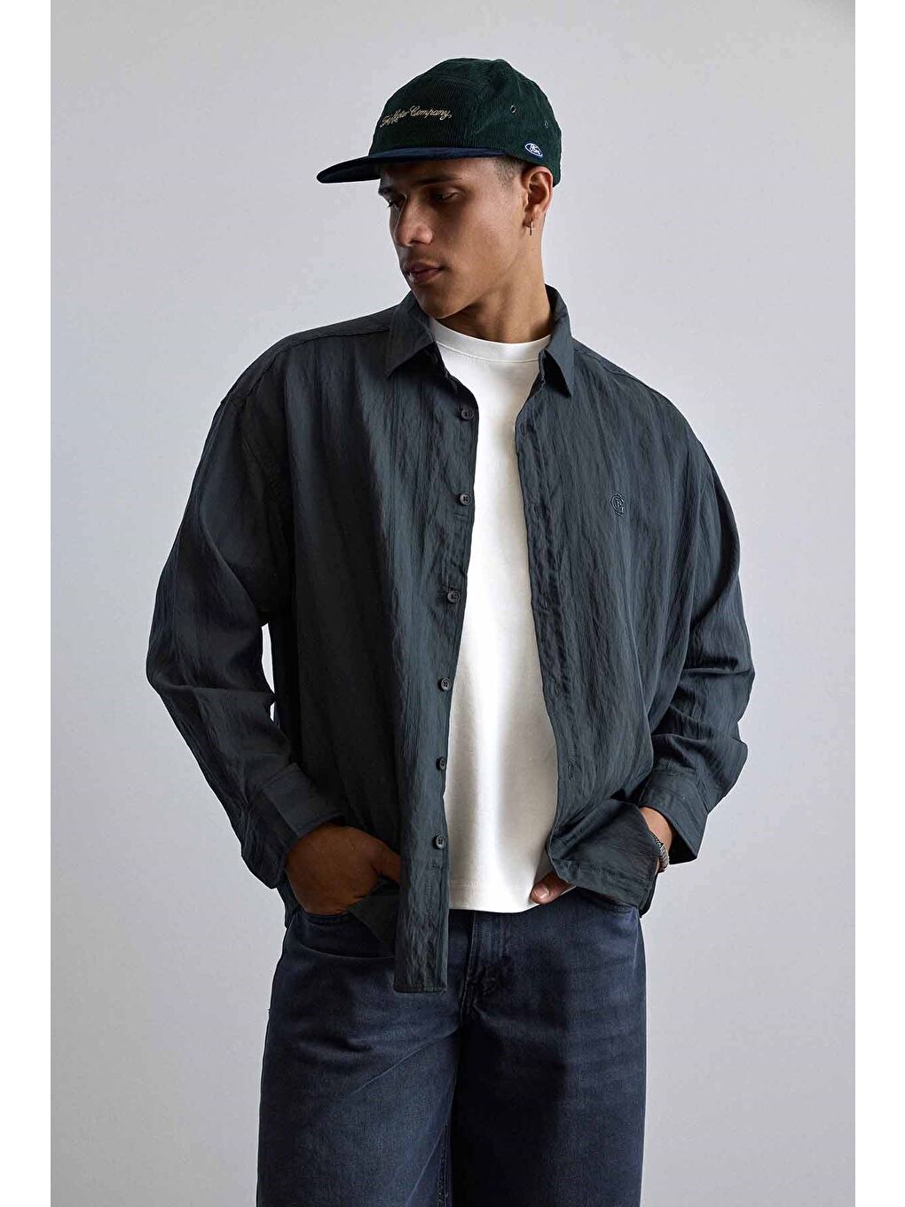 Erkek Relaxed Fit Uzun Kollu Dokulu Gömlek Antrasit-2