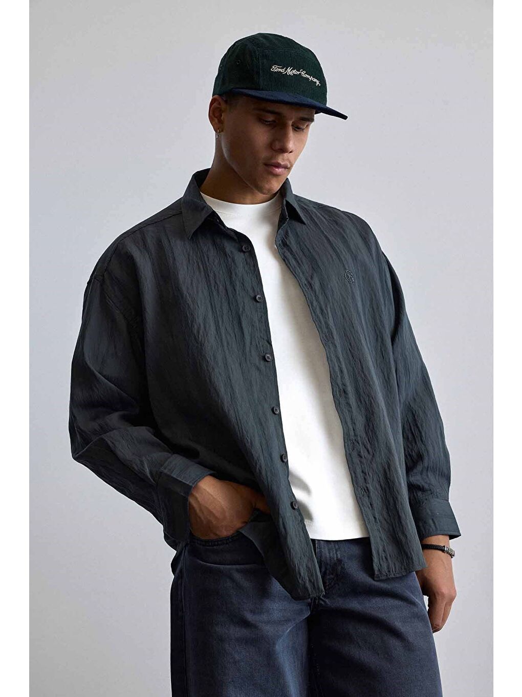 Erkek Relaxed Fit Uzun Kollu Dokulu Gömlek Antrasit-3