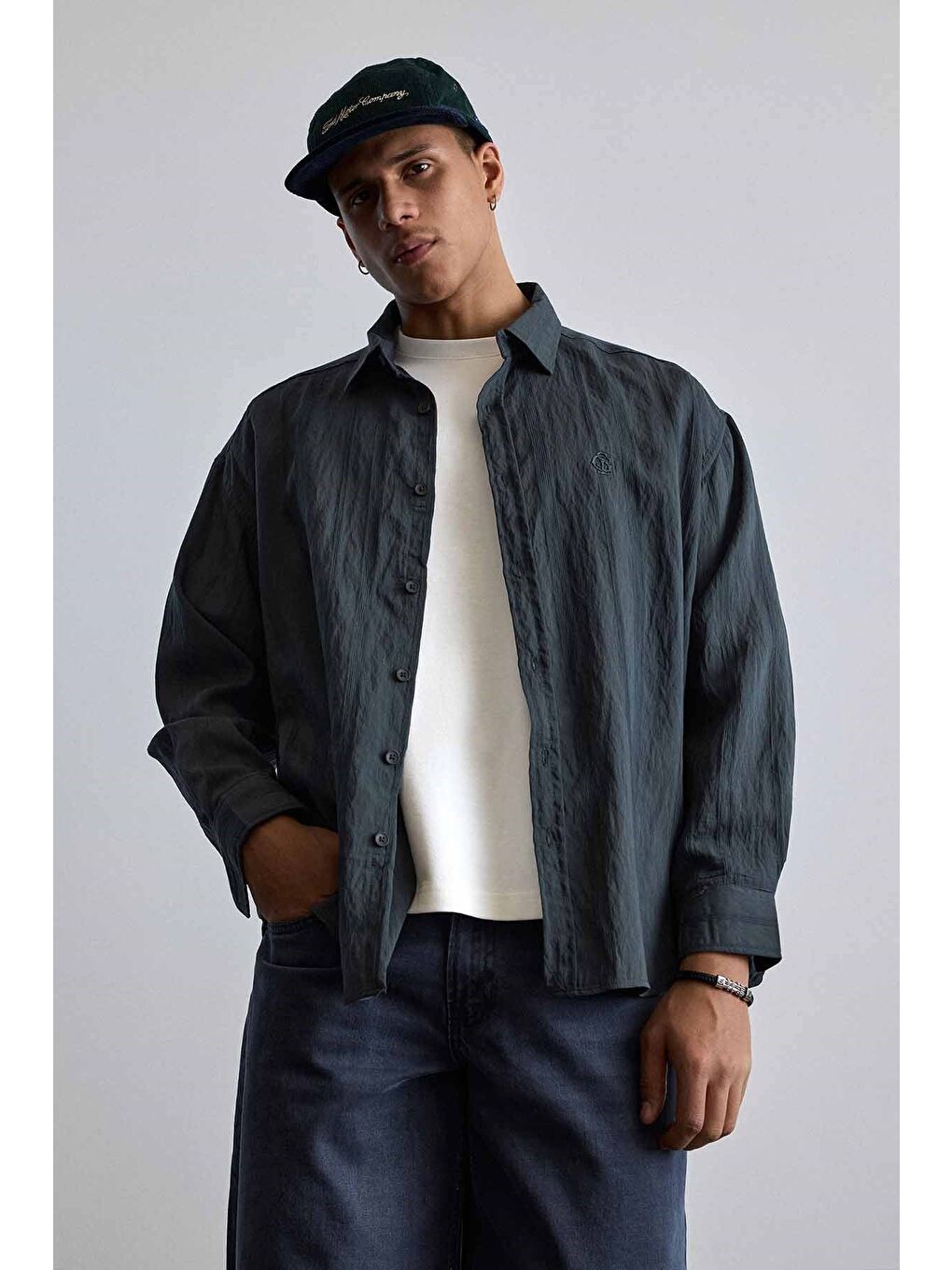 Erkek Relaxed Fit Uzun Kollu Dokulu Gömlek Antrasit-4