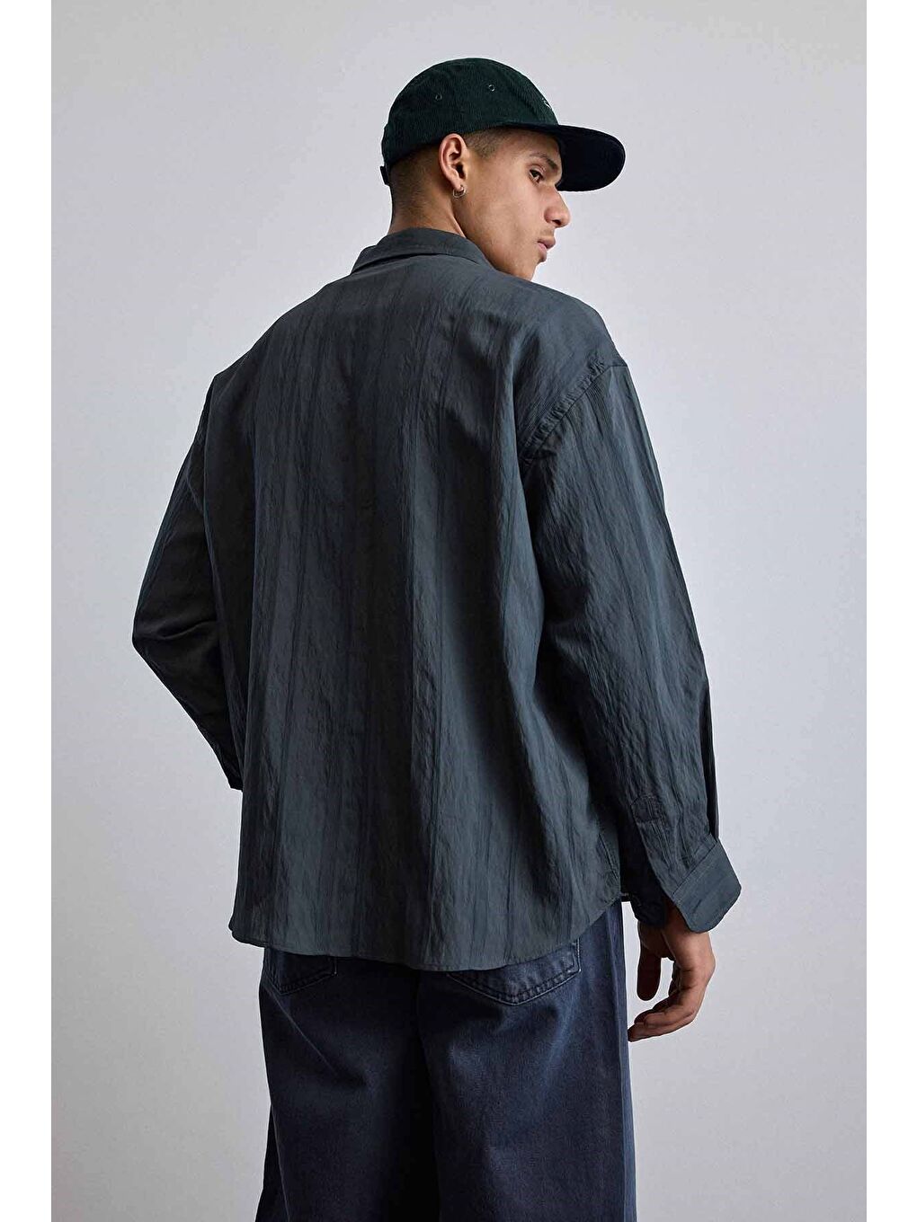 Erkek Relaxed Fit Uzun Kollu Dokulu Gömlek Antrasit-5