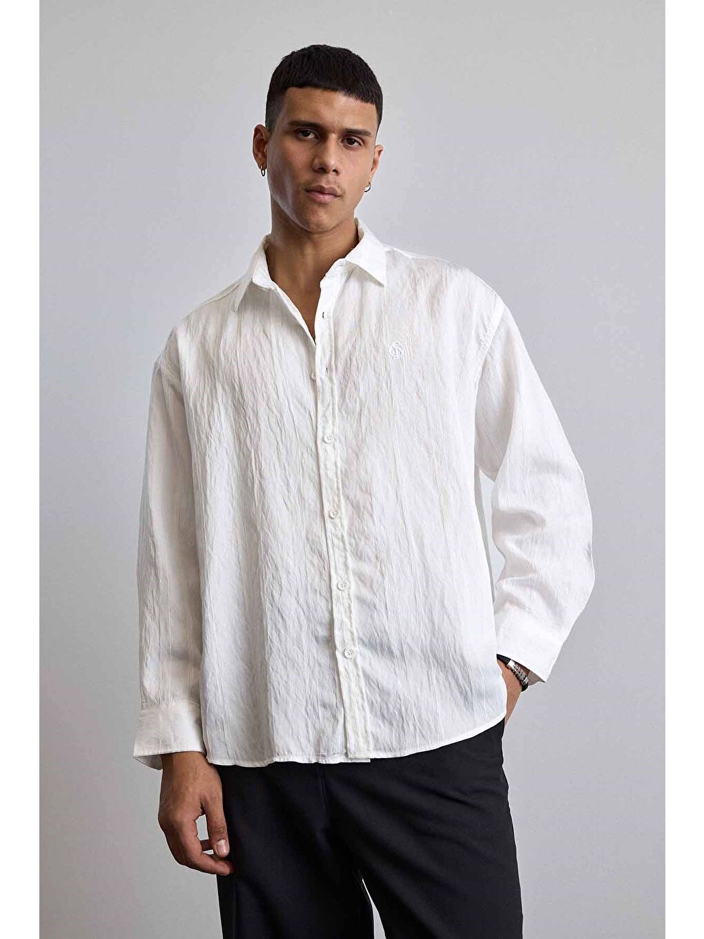 Erkek Relaxed Fit Uzun Kollu Dokulu Gömlek Ekru-2