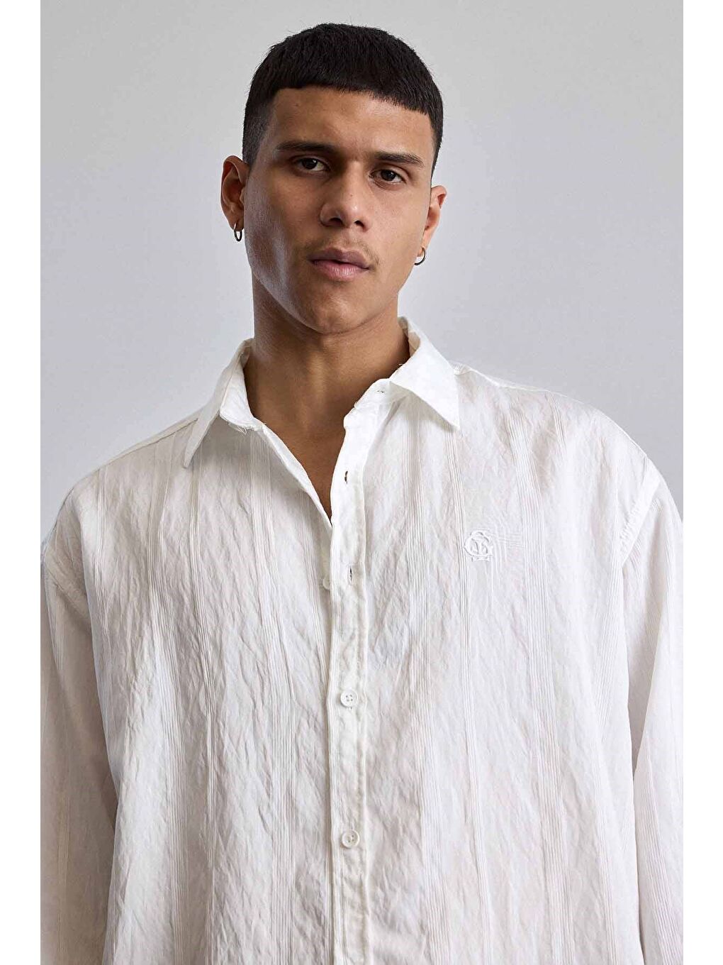 Erkek Relaxed Fit Uzun Kollu Dokulu Gömlek Ekru-3