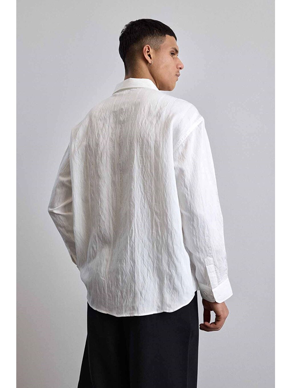 Erkek Relaxed Fit Uzun Kollu Dokulu Gömlek Ekru-6