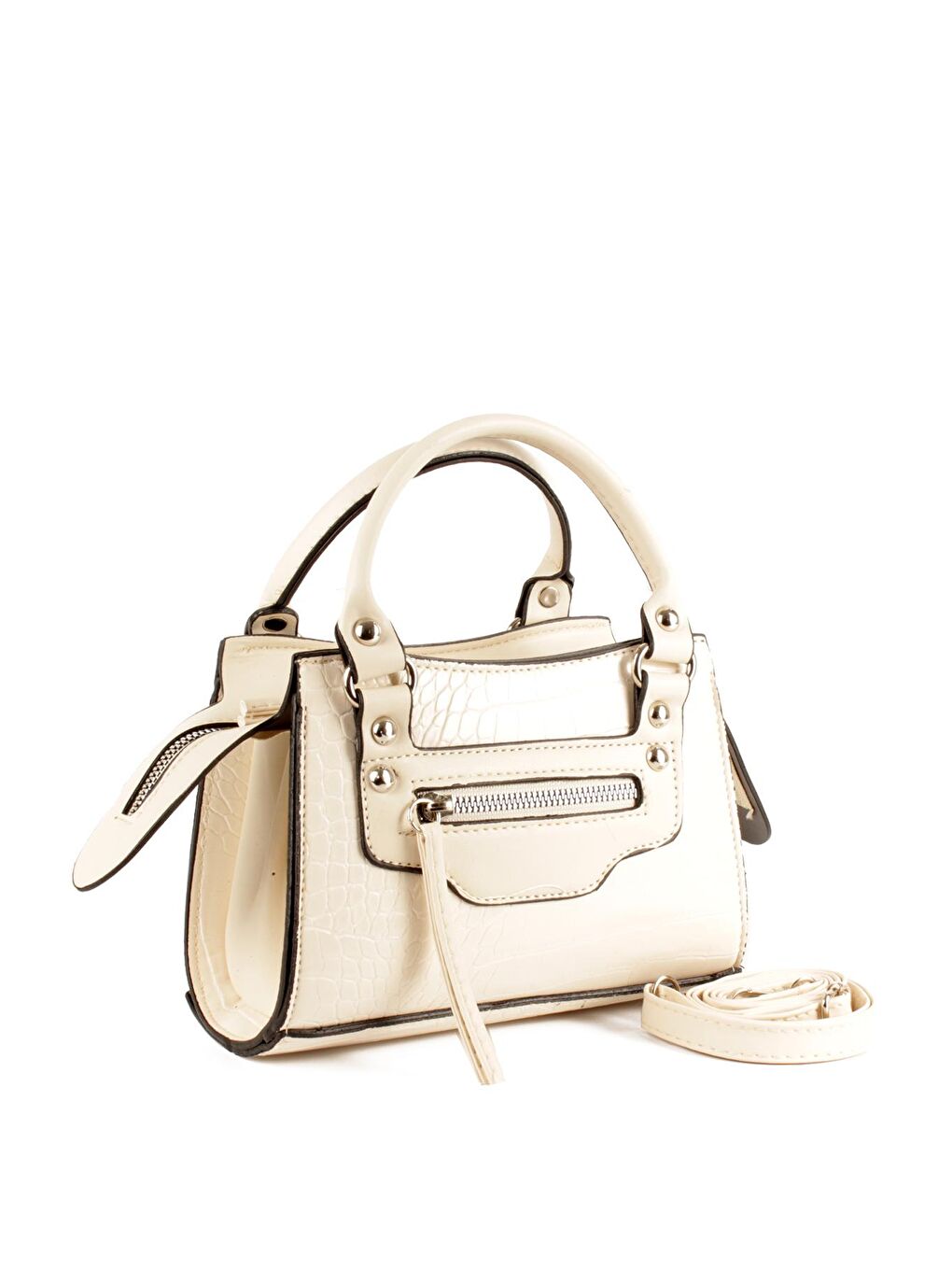 Beyaz Kadın Timsah Desen Deri Görünümlü El ve Omuz Abiye Çanta (10765)