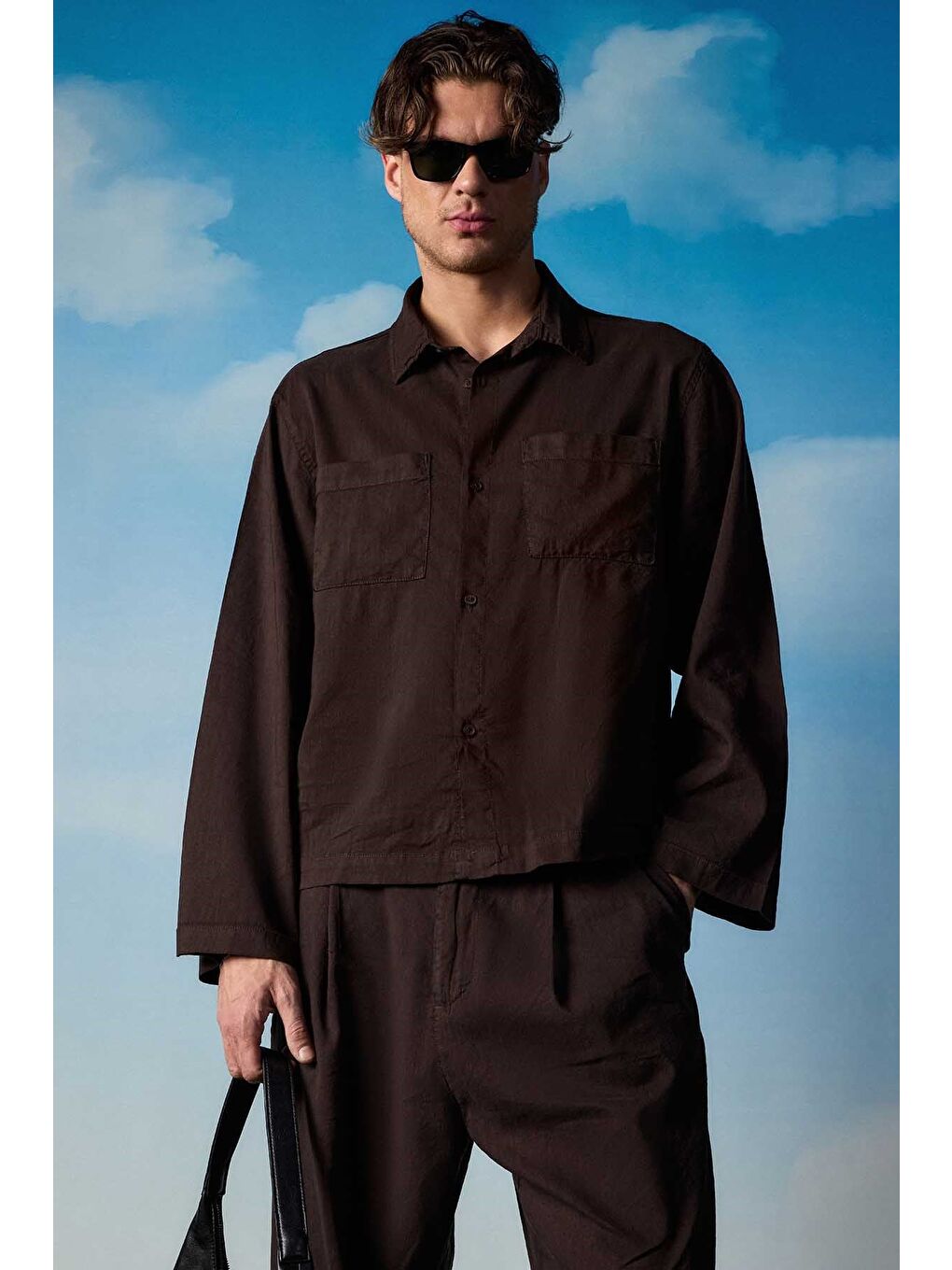 Erkek Bol Kesim Gömlek Pantolon Keten İkili Takım Kahverengi-2