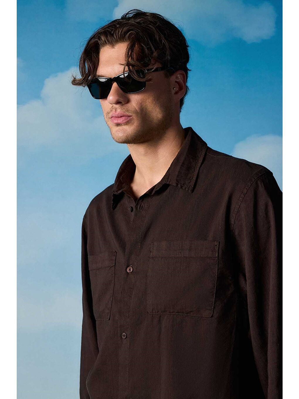 Erkek Bol Kesim Gömlek Pantolon Keten İkili Takım Kahverengi-3