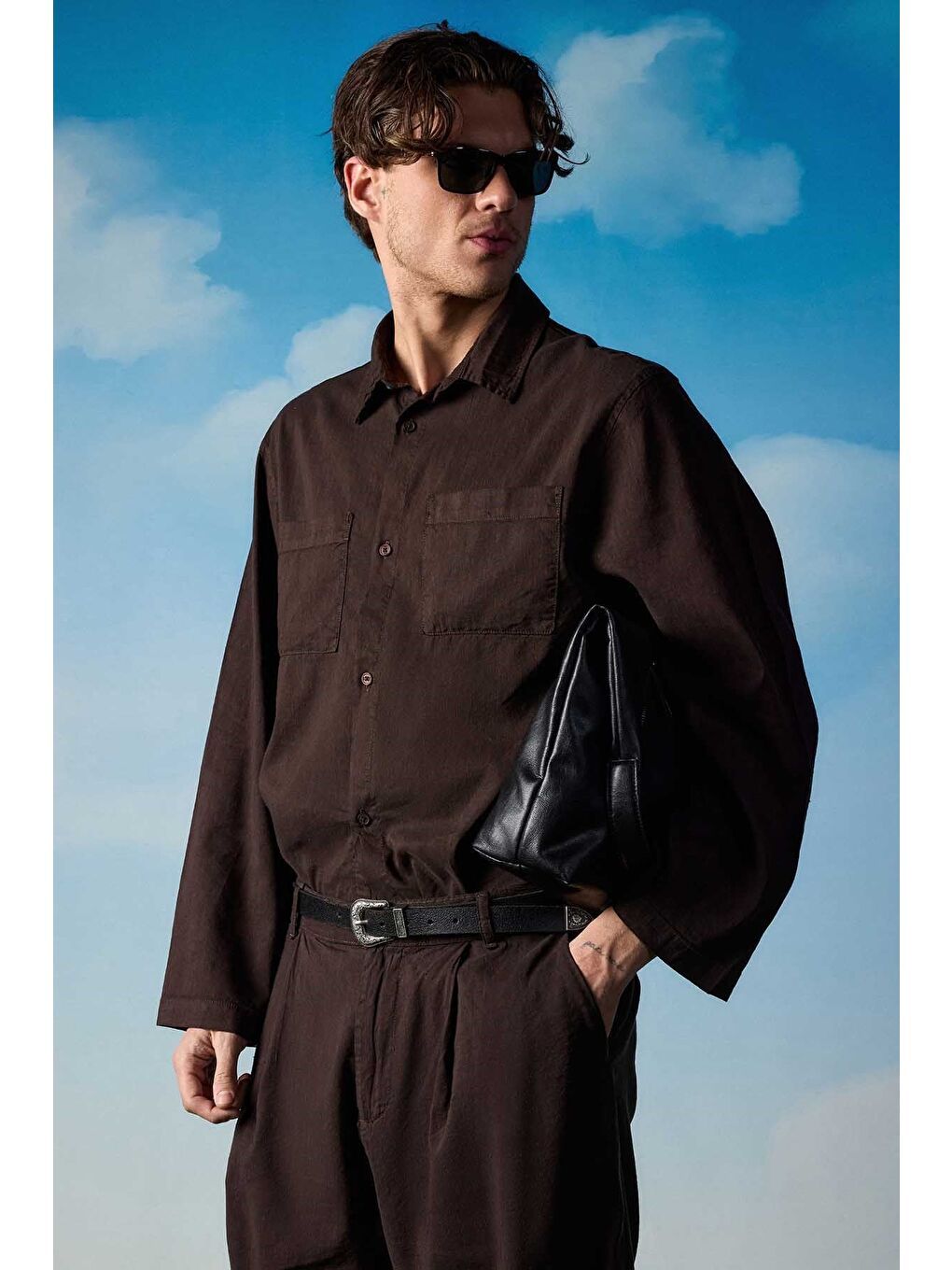 Erkek Bol Kesim Gömlek Pantolon Keten İkili Takım Kahverengi-4