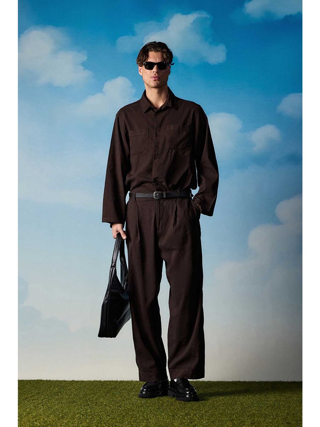 Erkek Bol Kesim Gömlek Pantolon Keten İkili Takım Kahverengi-5