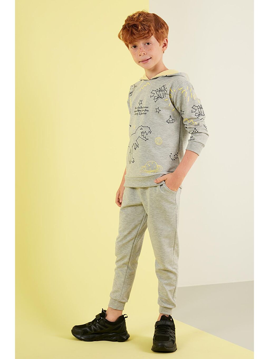 Gri Desenli Kapüşonlu Cepli % 100 Pamuk Spor Takım 59215422-1