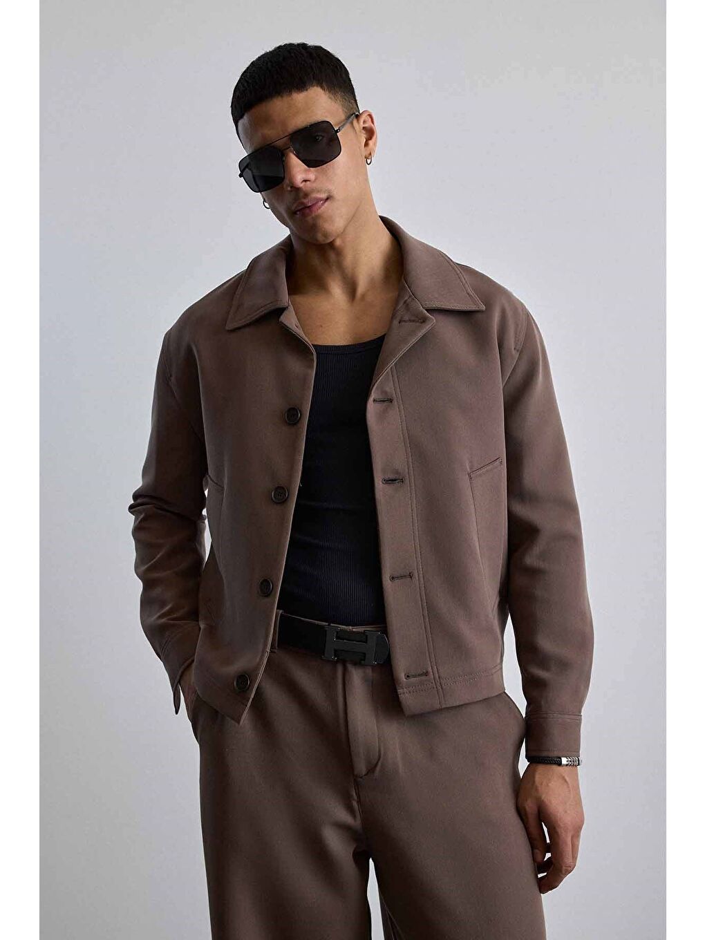 Erkek Smart Casual Relaxed Fit Düğmeli Ceket Kahverengi-2