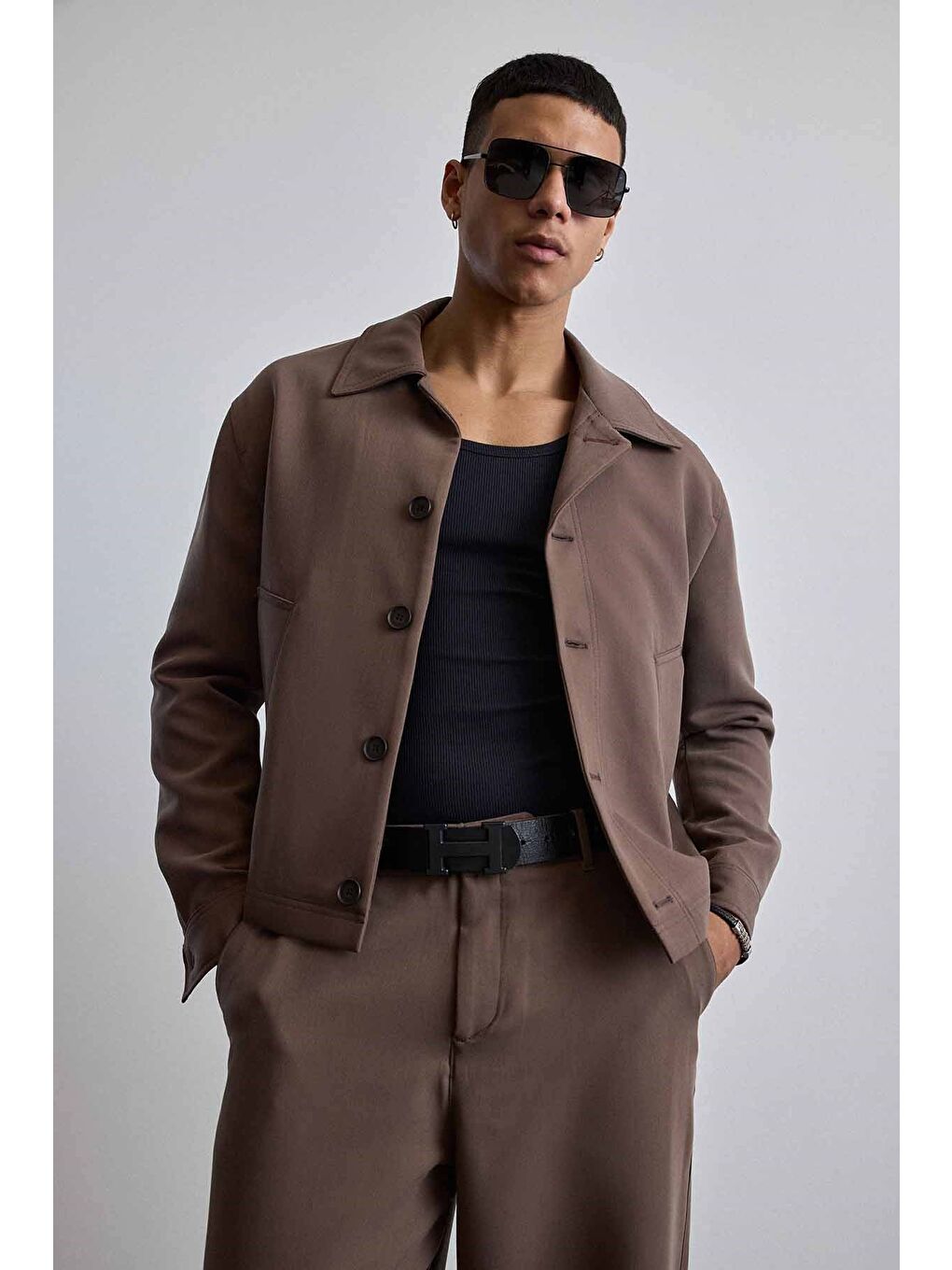 Erkek Smart Casual Relaxed Fit Düğmeli Ceket Kahverengi-4