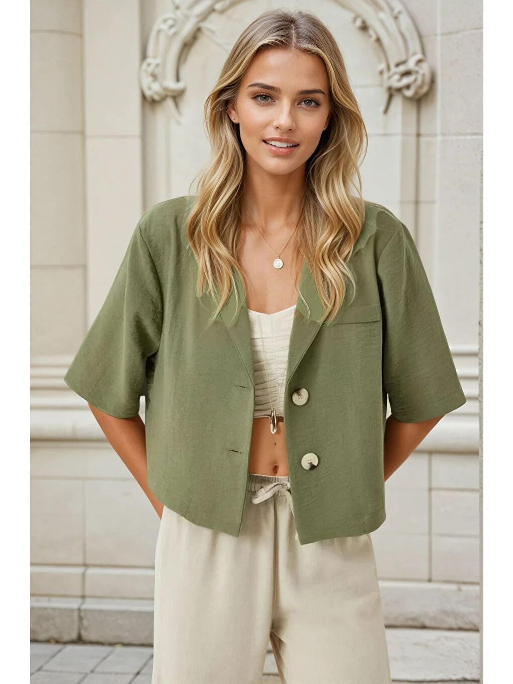 Kadın Haki Kısa Kollu Şal Yaka Düğmeli Mevsimlik Keten Ayrobin Ceket HZL24S-BD107061-1