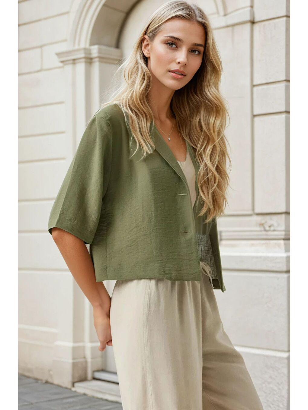 Kadın Haki Kısa Kollu Şal Yaka Düğmeli Mevsimlik Keten Ayrobin Ceket HZL24S-BD107061-2