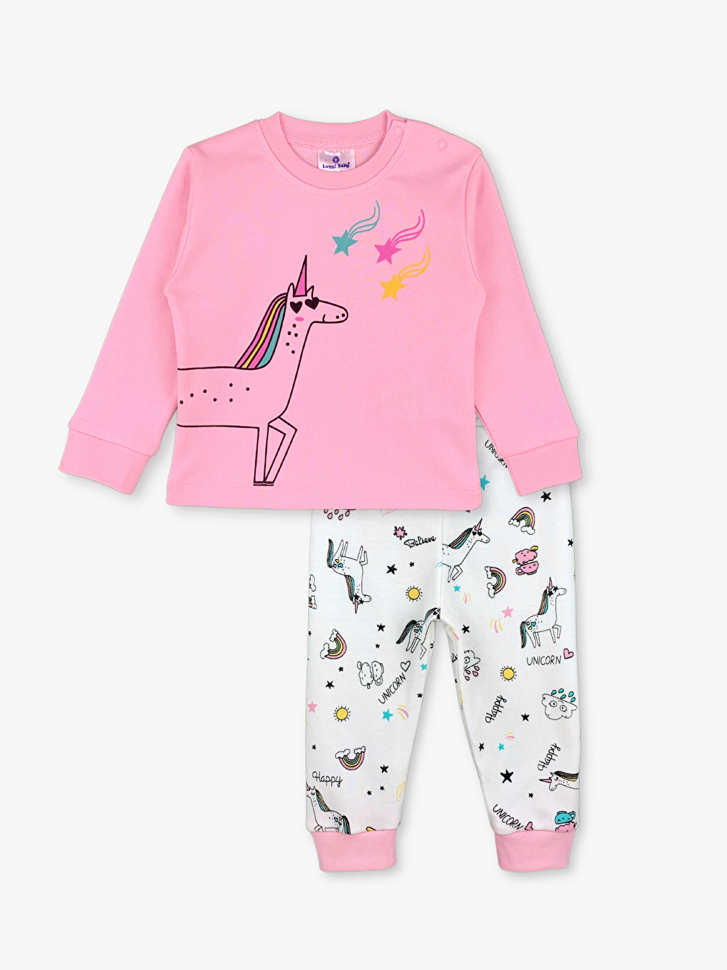 Pembe Bisiklet Yaka Uzun Kollu Kız Bebek Pijama Takımı