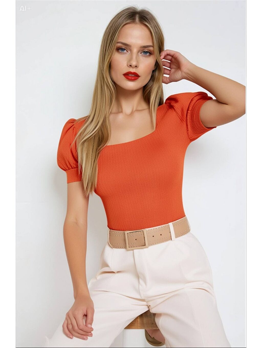 Turuncu Kadın Oranj Kare Yaka Örme Bluz Hzl22w-bd104091