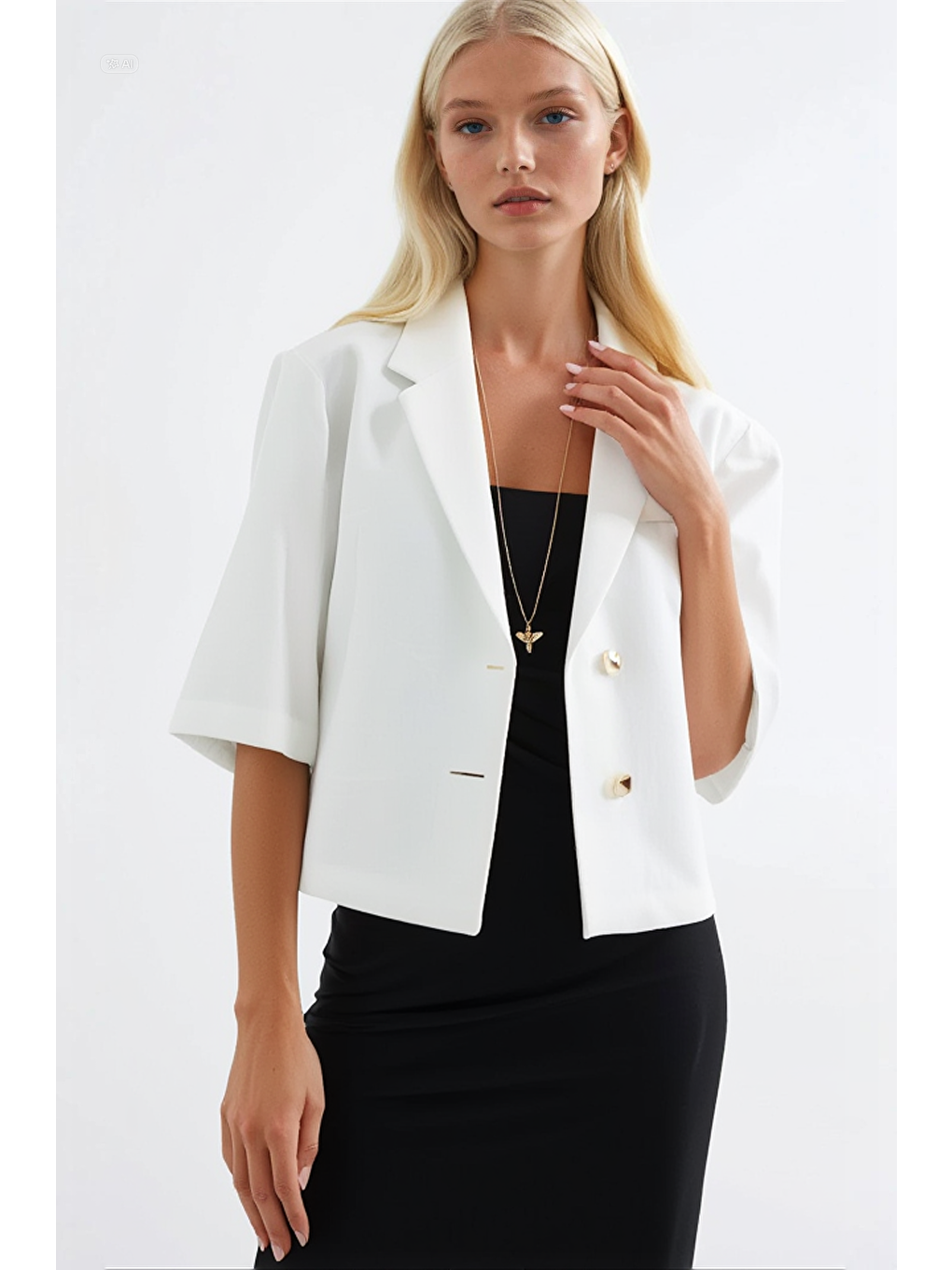 Kadın Beyaz Kısa Kollu Şal Yaka Düğmeli Mevsimlik Keten Ayrobin Ceket HZL24S-BD107061-1