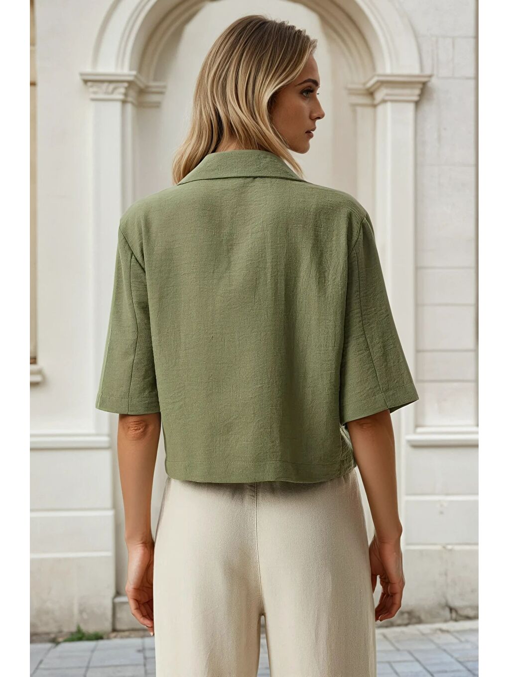 Kadın Haki Kısa Kollu Şal Yaka Düğmeli Mevsimlik Keten Ayrobin Ceket HZL24S-BD107061-3