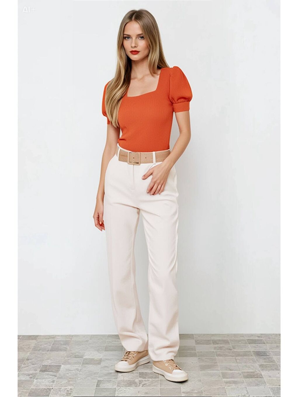 Turuncu Kadın Oranj Kare Yaka Örme Bluz Hzl22w-bd104091-2