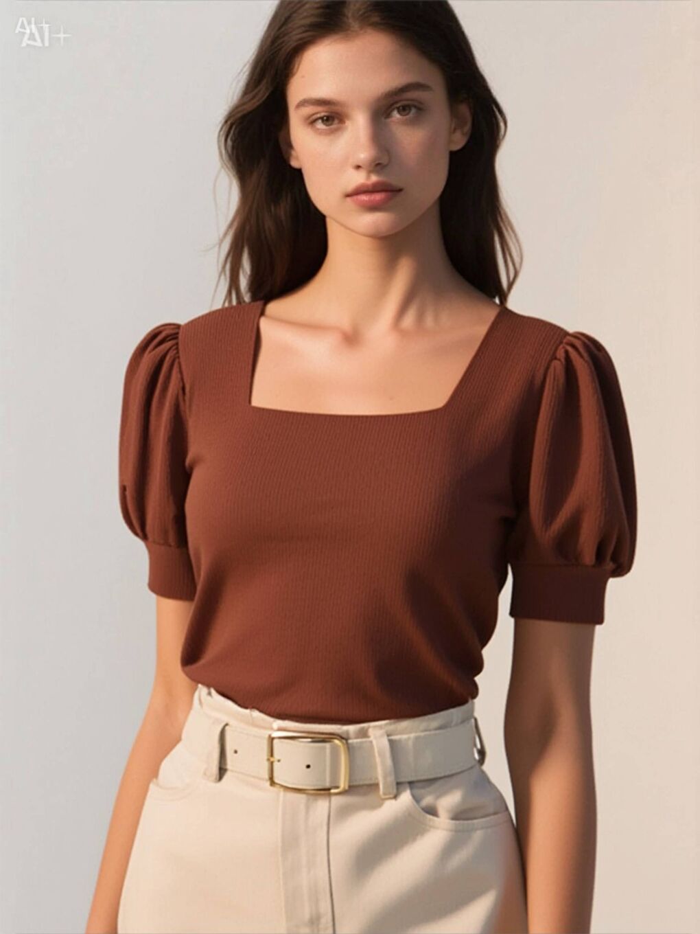 Kadın Kahverengi Kare Yaka Örme Bluz HZL22W-BD104091