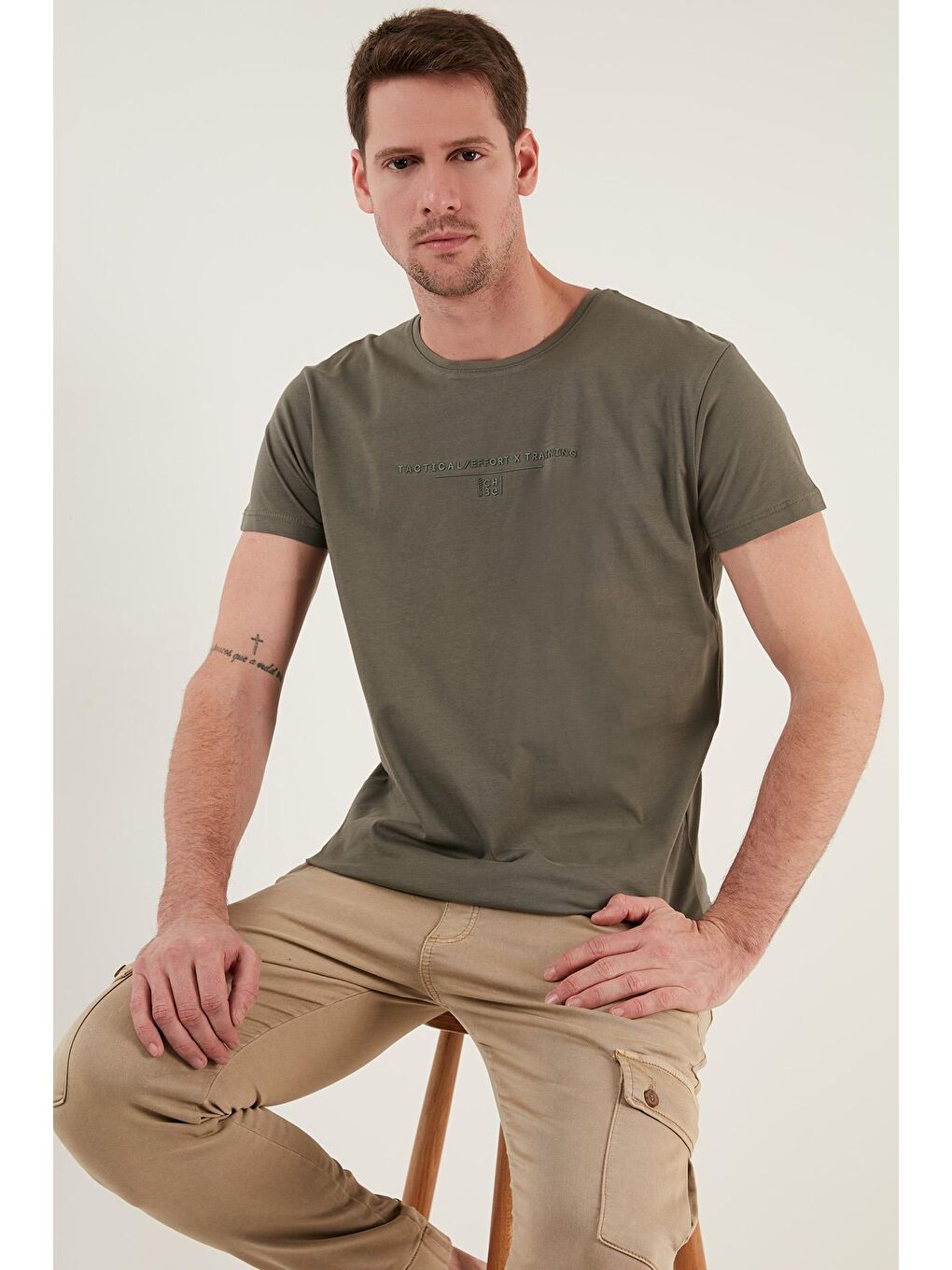 Haki Yazı Baskılı Bisiklet Yaka %100 Pamuk Slim Fit Basic Tişört 541TACTICAL