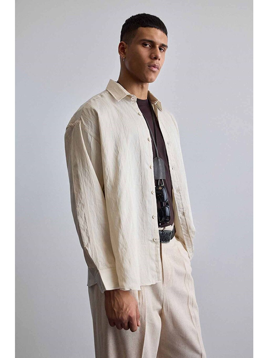 Erkek Relaxed Fit Uzun Kollu Dokulu Gömlek Bej-5