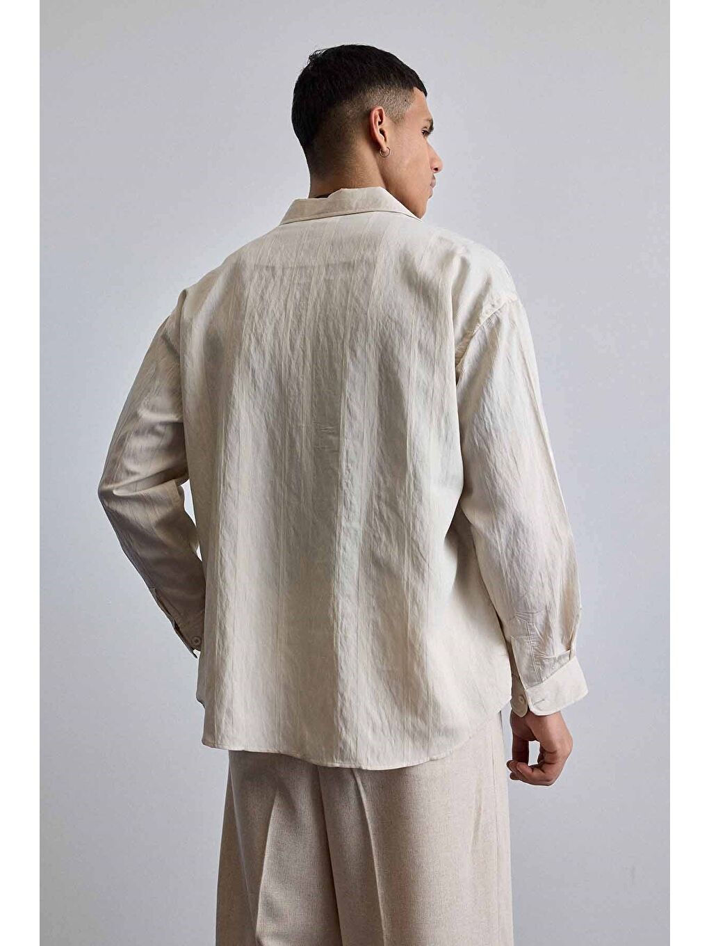 Erkek Relaxed Fit Uzun Kollu Dokulu Gömlek Bej-6