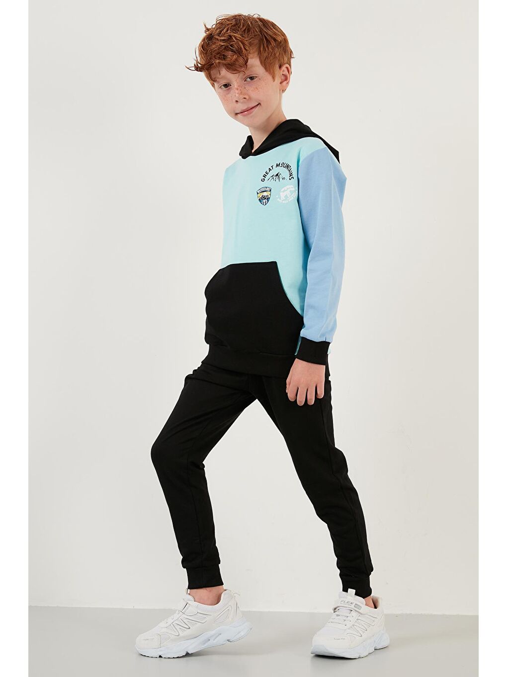 Yeşil Renk Bloklu Kapüşonlu Kanguru Cepli % 100 Pamuk Spor Takım 59215402-1