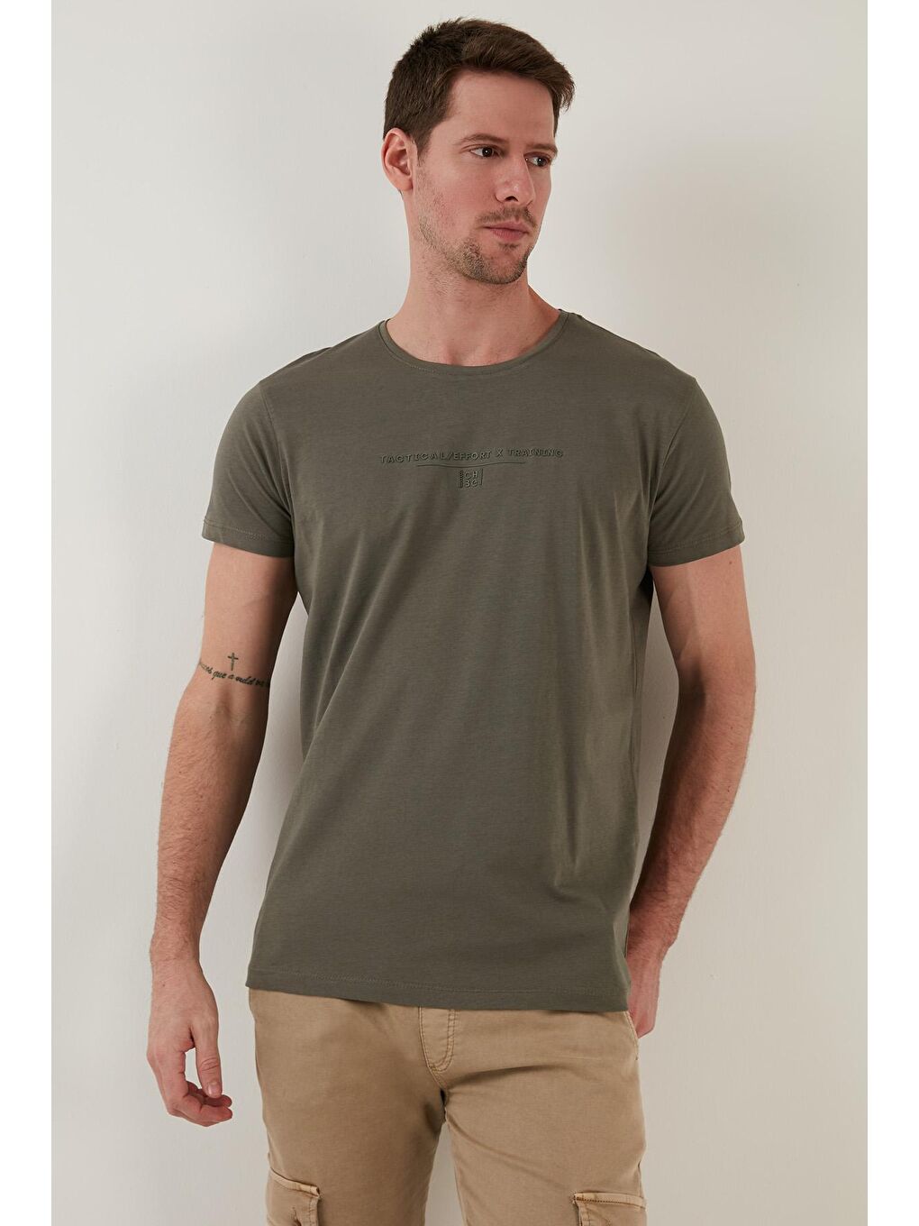 Haki Yazı Baskılı Bisiklet Yaka %100 Pamuk Slim Fit Basic Tişört 541TACTICAL-1