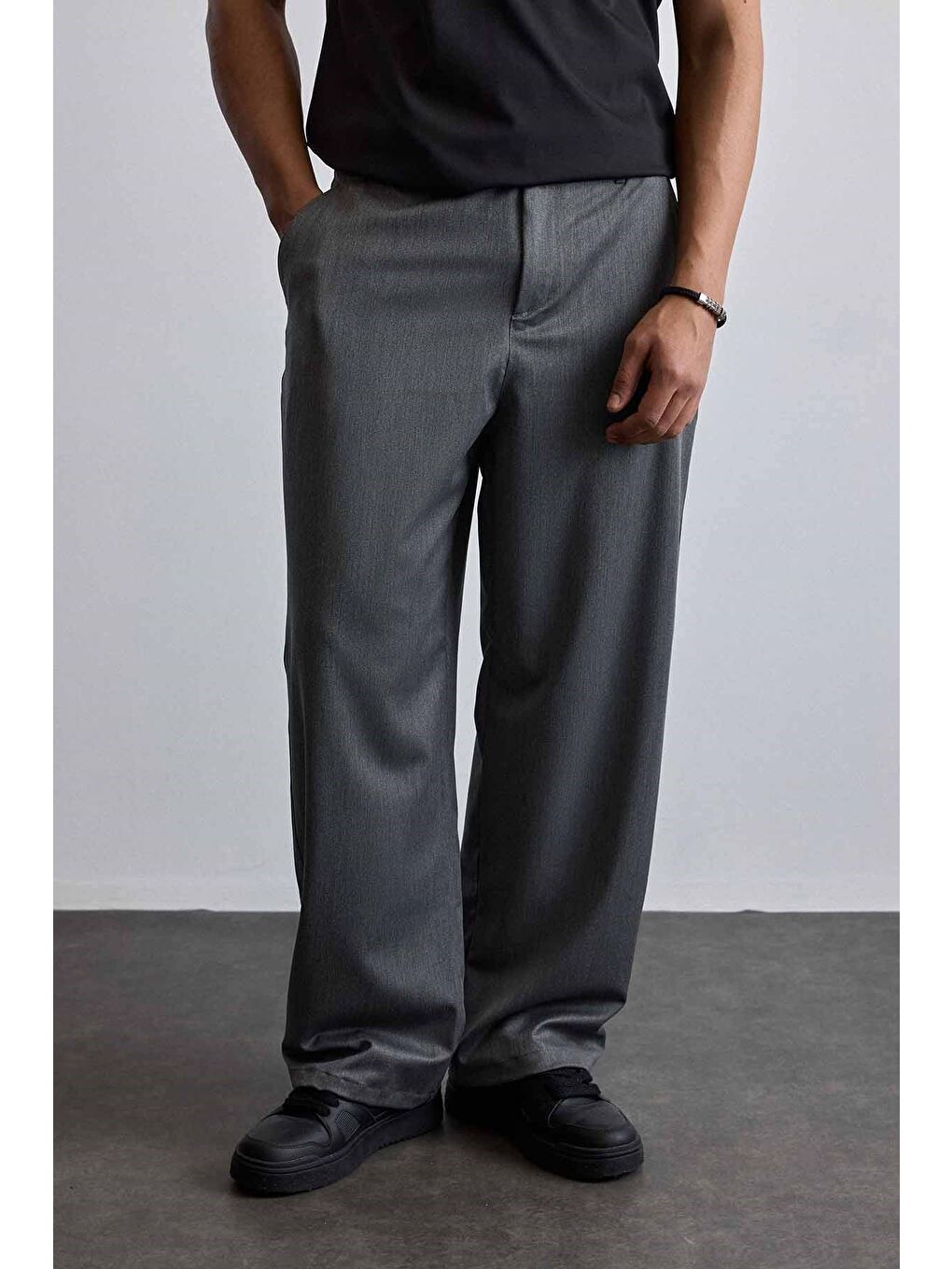 Erkek Smart Casual Bol Paça Relaxed Fit Pantolon Gri-2
