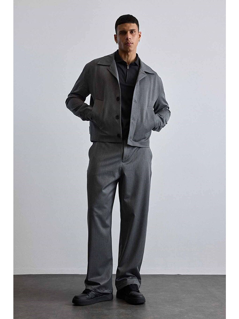 Erkek Smart Casual Bol Paça Relaxed Fit Pantolon Gri-5