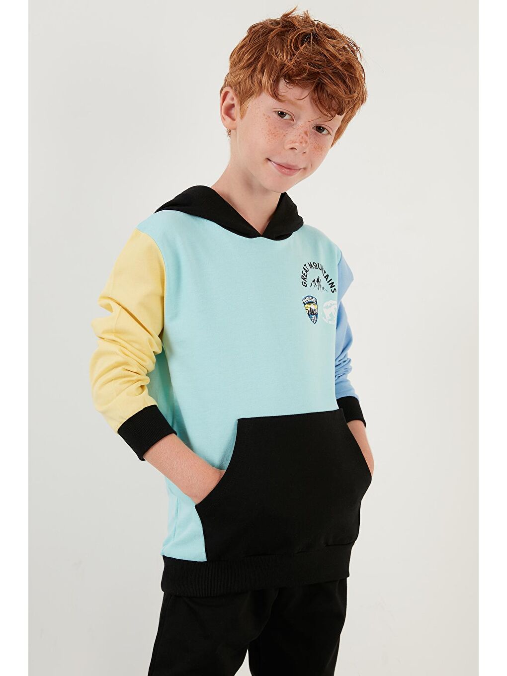 Yeşil Renk Bloklu Kapüşonlu Kanguru Cepli % 100 Pamuk Spor Takım 59215402-2