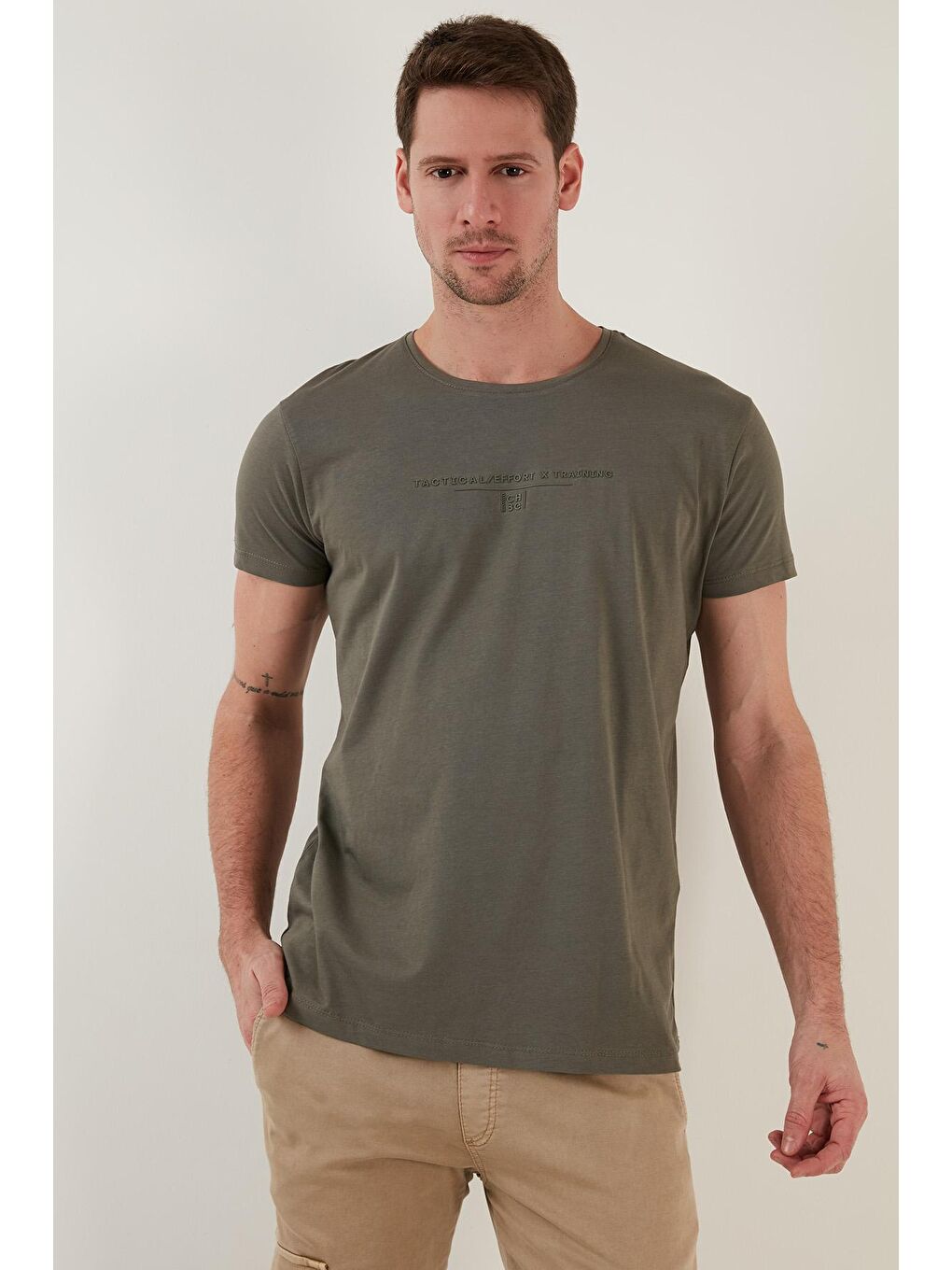 Haki Yazı Baskılı Bisiklet Yaka %100 Pamuk Slim Fit Basic Tişört 541TACTICAL-2