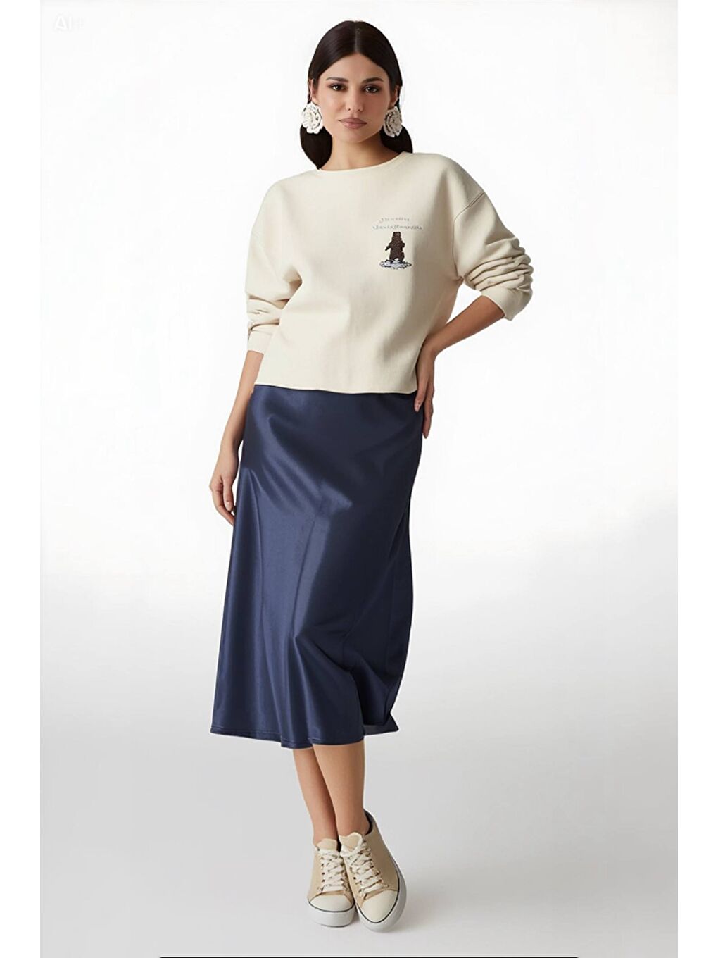 Kadın Lacivert Saten Yüzeyli Beli Lastikli Midi Boy Etek Hzl23s-bd1101471-1