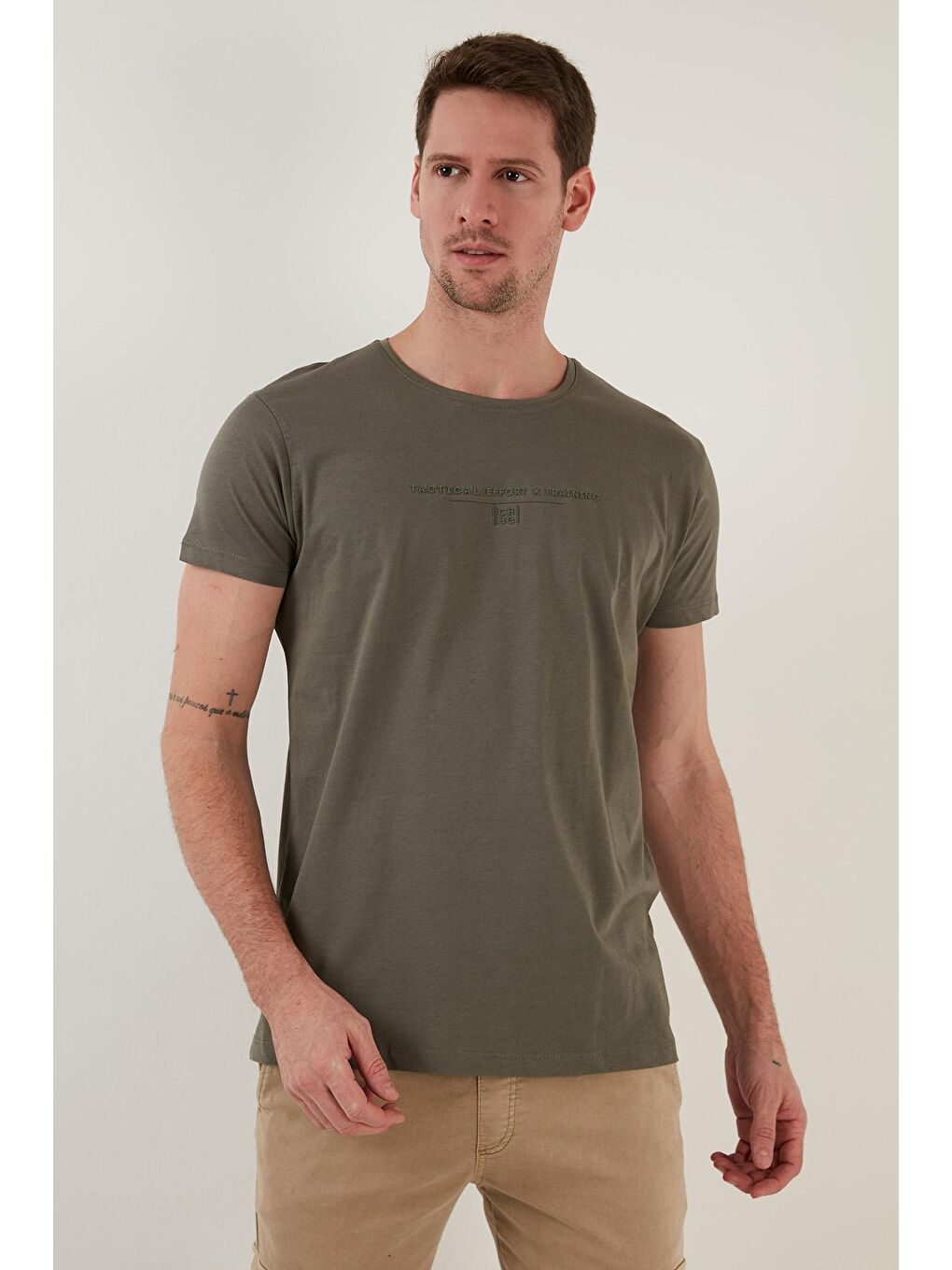 Haki Yazı Baskılı Bisiklet Yaka %100 Pamuk Slim Fit Basic Tişört 541TACTICAL-4